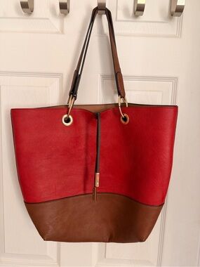 Two-Tone Red and Brown Leather Tote Bag for Women